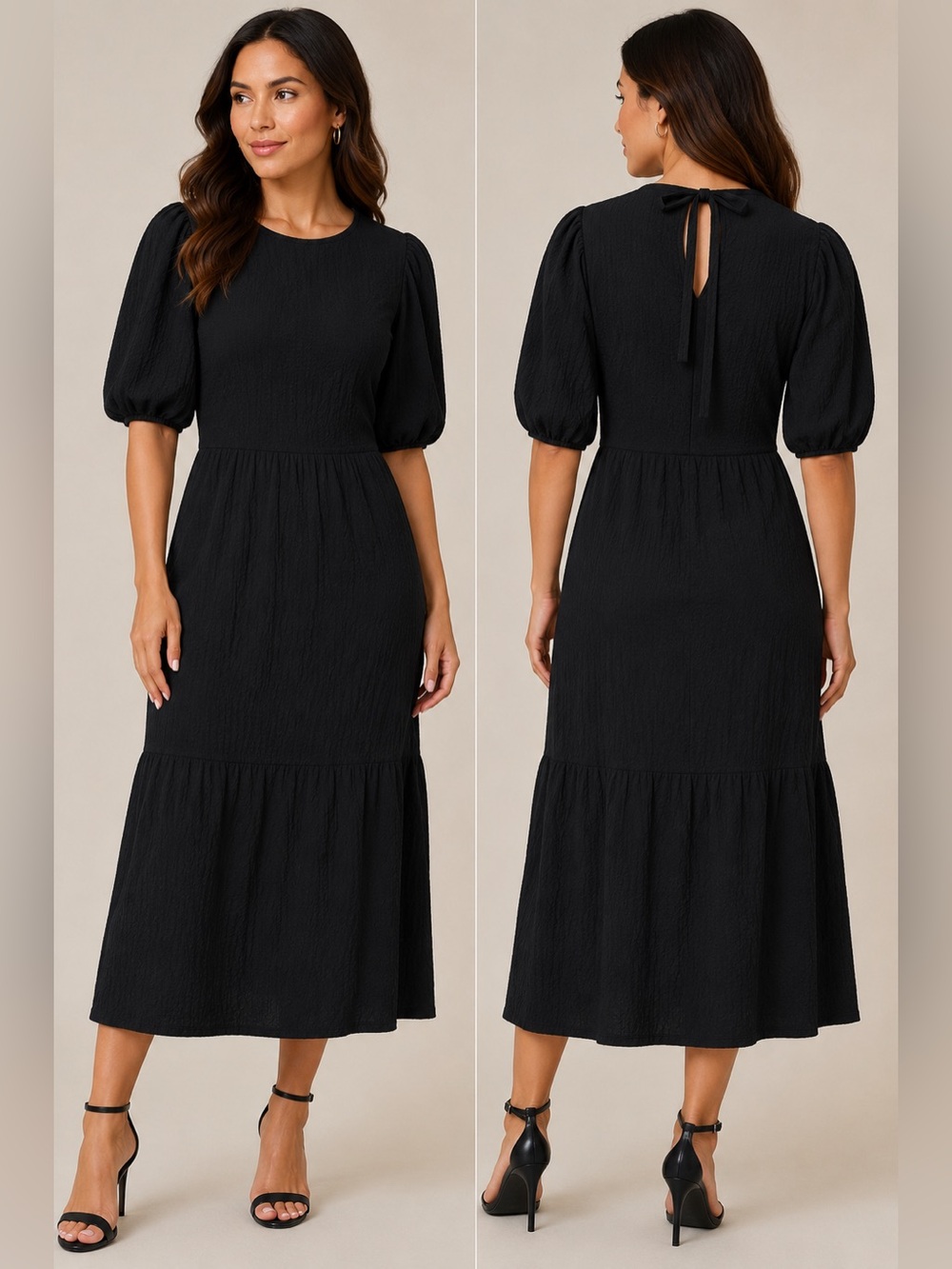 Hush Kiana Black Textured Puff Sleeve Midi Dress Tie Back NWT 10